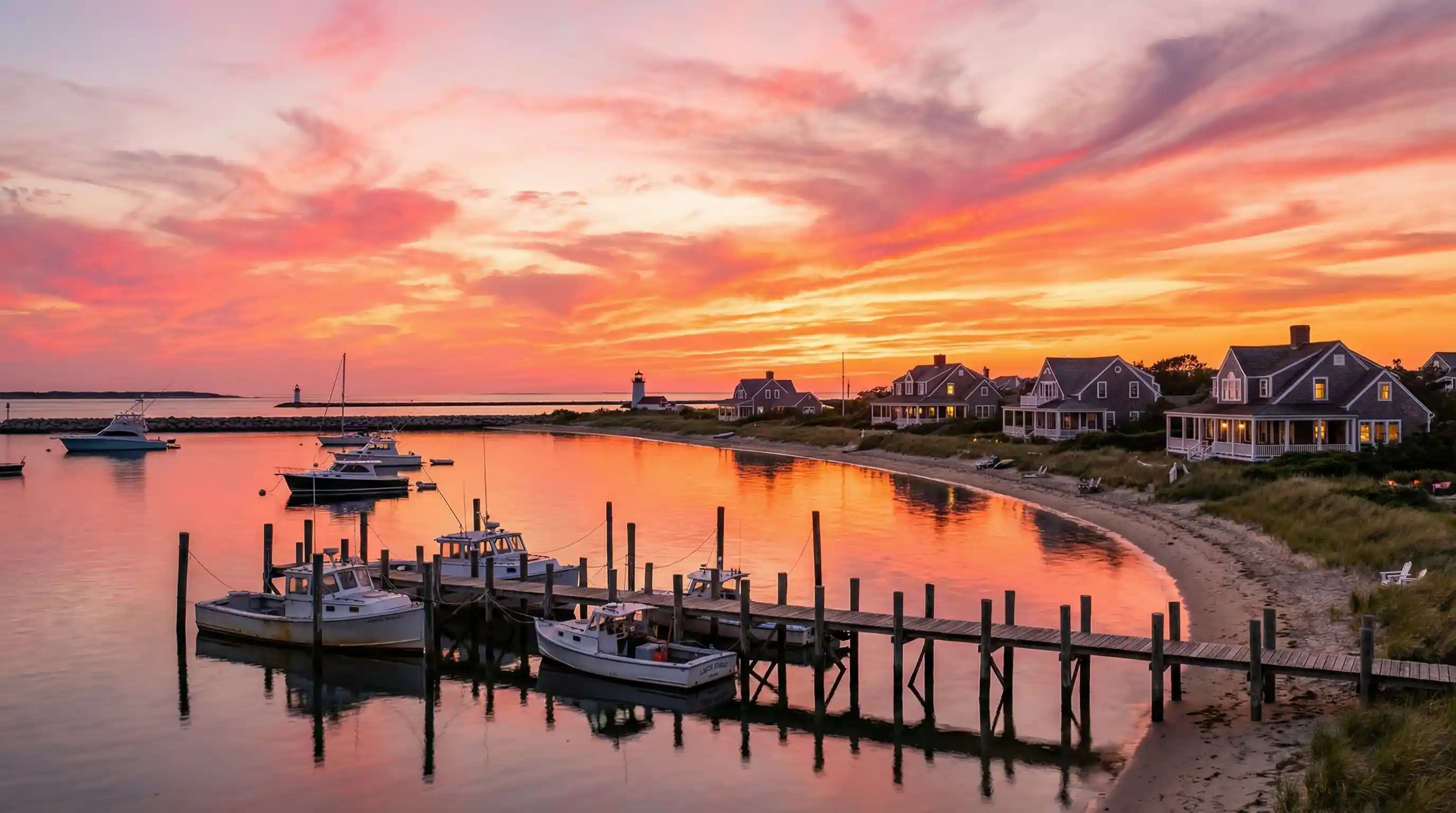 Madaket Harbor at sunset with waterfront properties and fishing boats